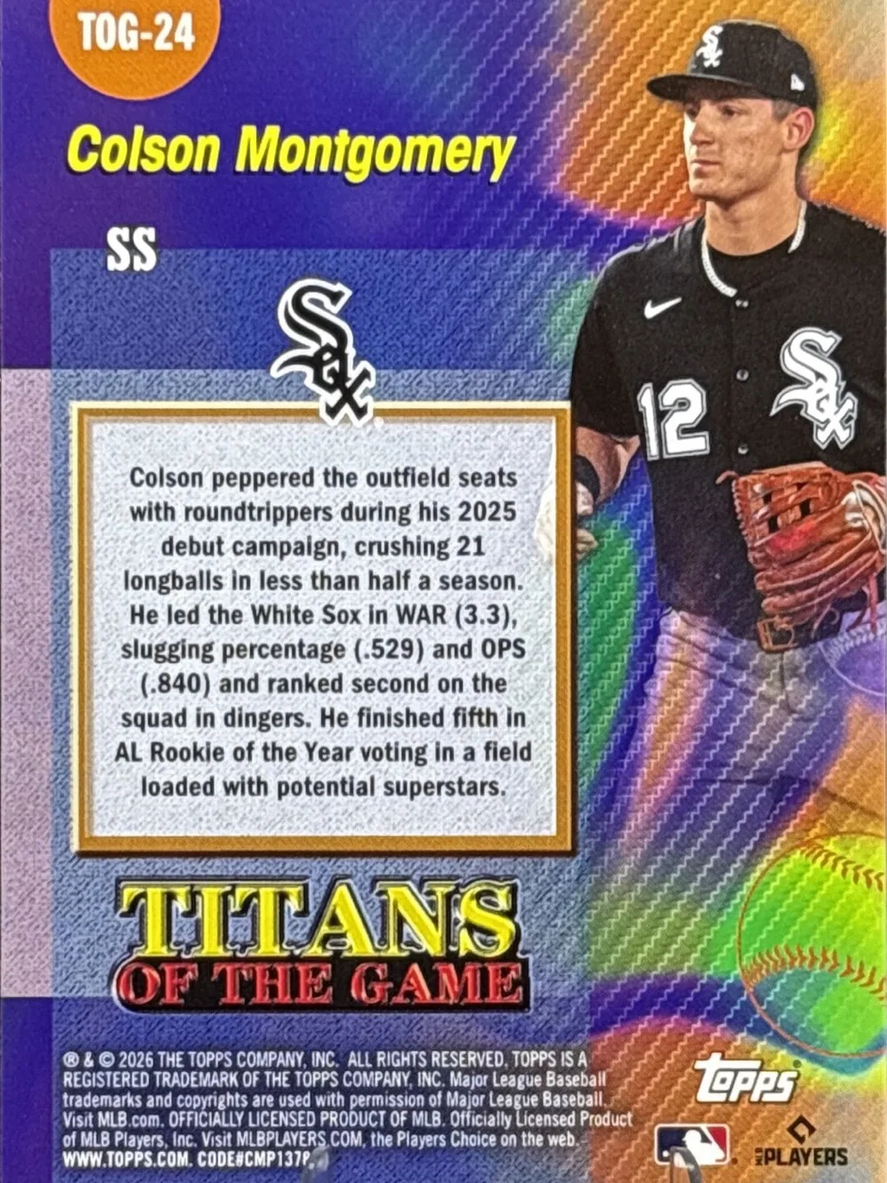 Topps Colson Montgomery Baseball Rookie Card Rainbow Holo - Titans of the Game - Picture 2 of 2